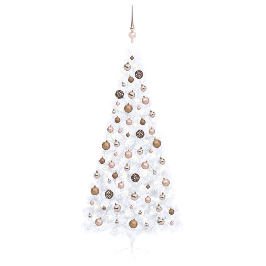 Jumătate brad Crăciun pre-iluminat cu set globuri, alb, 240 cm - Lando