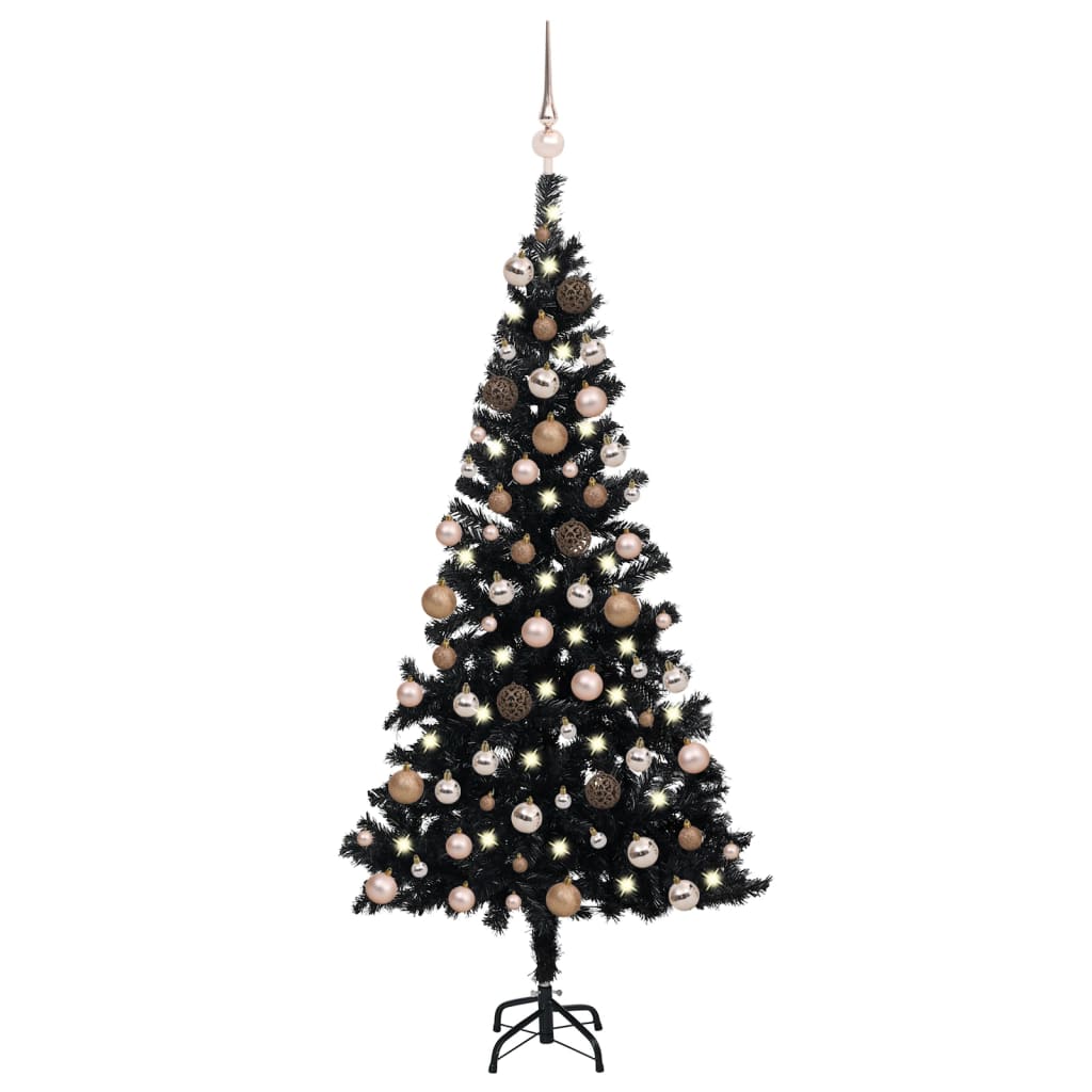 Brad Crăciun pre-iluminat cu set globuri, negru, 180 cm, PVC - Lando