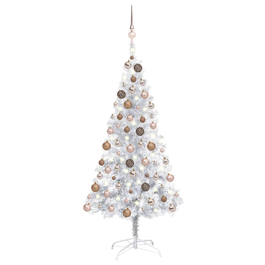 Brad Crăciun pre-iluminat cu set globuri, argintiu, 150 cm, PET - Lando