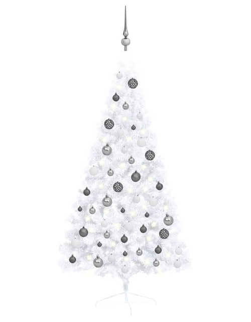 Încărcați imaginea în vizualizatorul Galerie, Jumătate brad Crăciun pre-iluminat cu set globuri, alb, 150 cm - Lando
