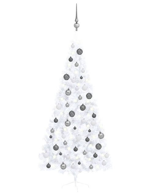 Загрузите изображение в средство просмотра галереи, Jumătate brad Crăciun pre-iluminat cu set globuri, alb, 210 cm - Lando
