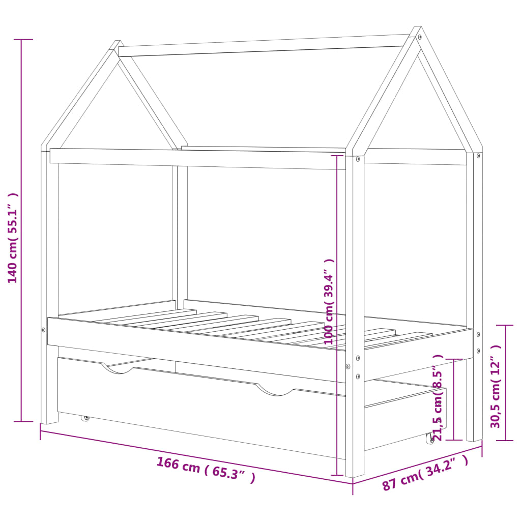 Cadru pat pentru copii, cu un sertar, 80x160 cm, lemn masiv pin - Lando