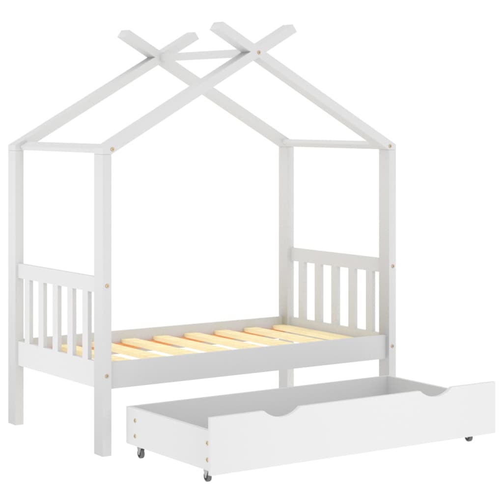 Cadru pat de copii cu un sertar, alb, 70x140 cm, lemn masiv pin - Lando