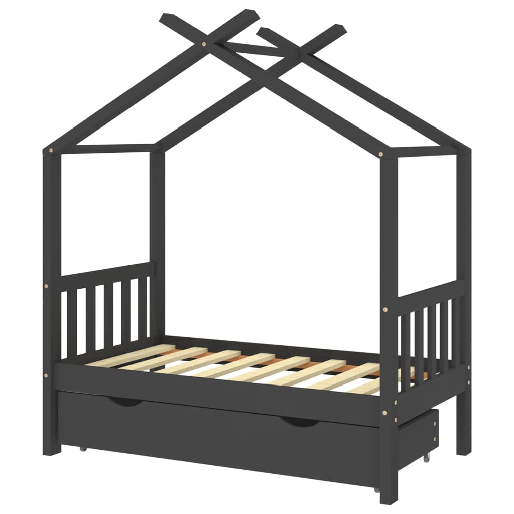 Cadru pat copii cu sertar gri închis 70x140 cm lemn masiv pin - Lando