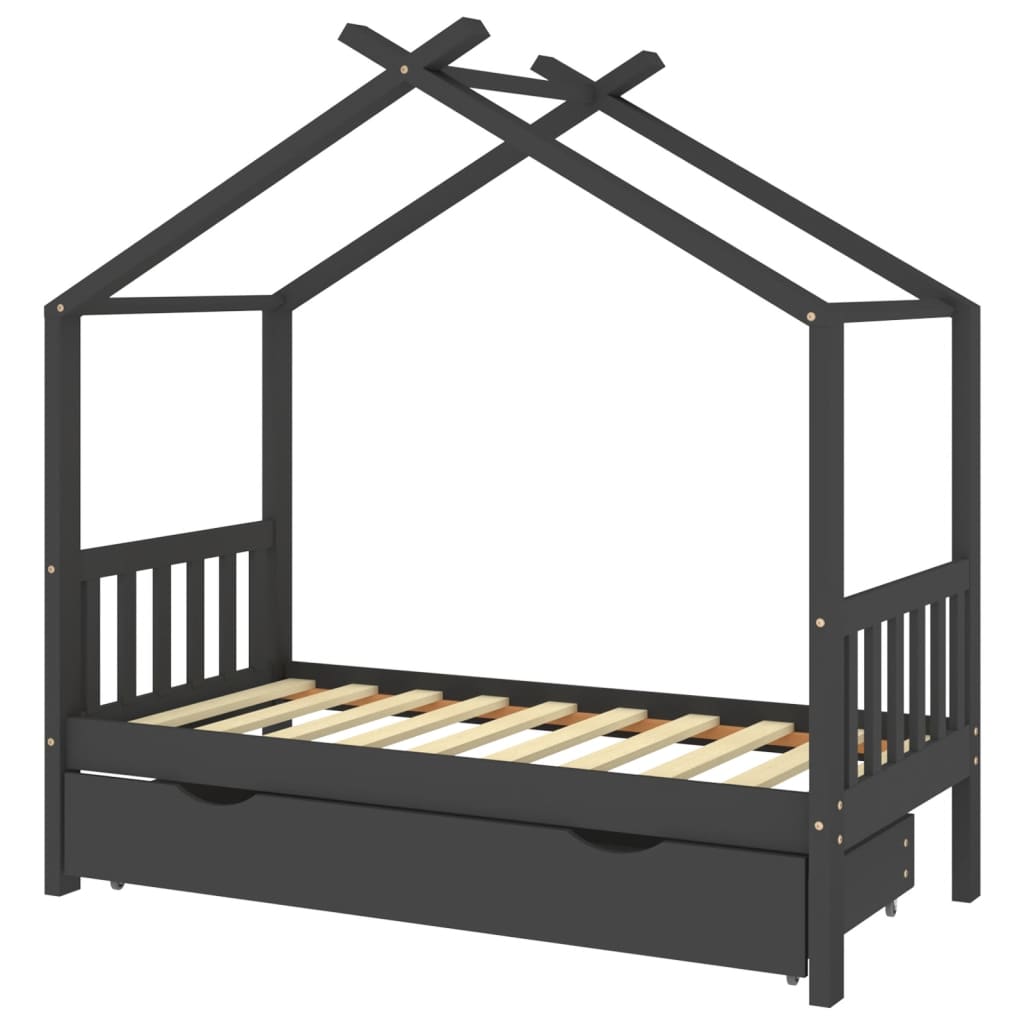 Cadru pat copii cu sertar gri închis 80x160 cm lemn masiv pin - Lando