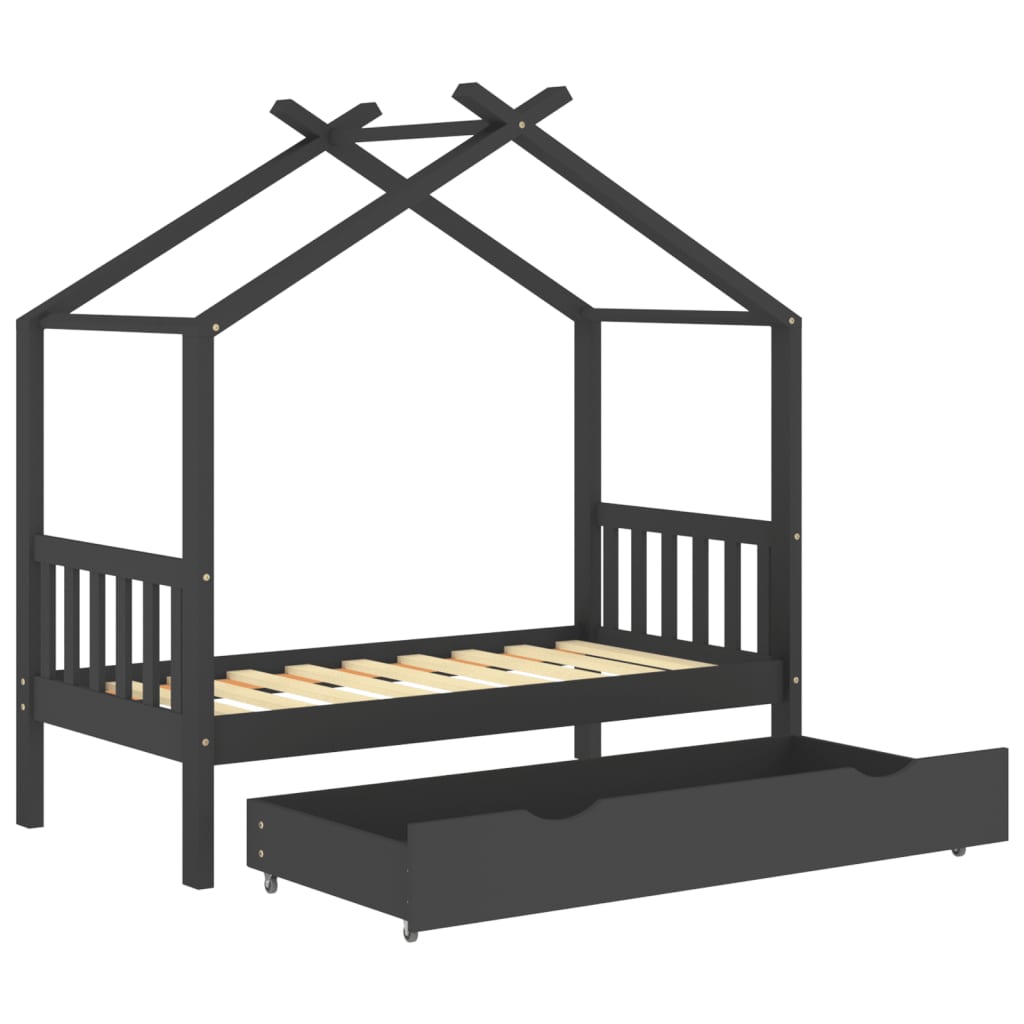 Cadru pat copii cu sertar gri închis 80x160 cm lemn masiv pin - Lando
