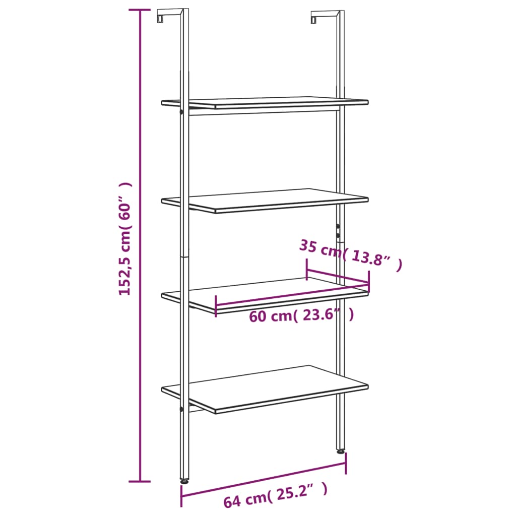 Raft sprijinit, cu 4 niveluri, negru, 64x35x152,5 cm Lando - Lando