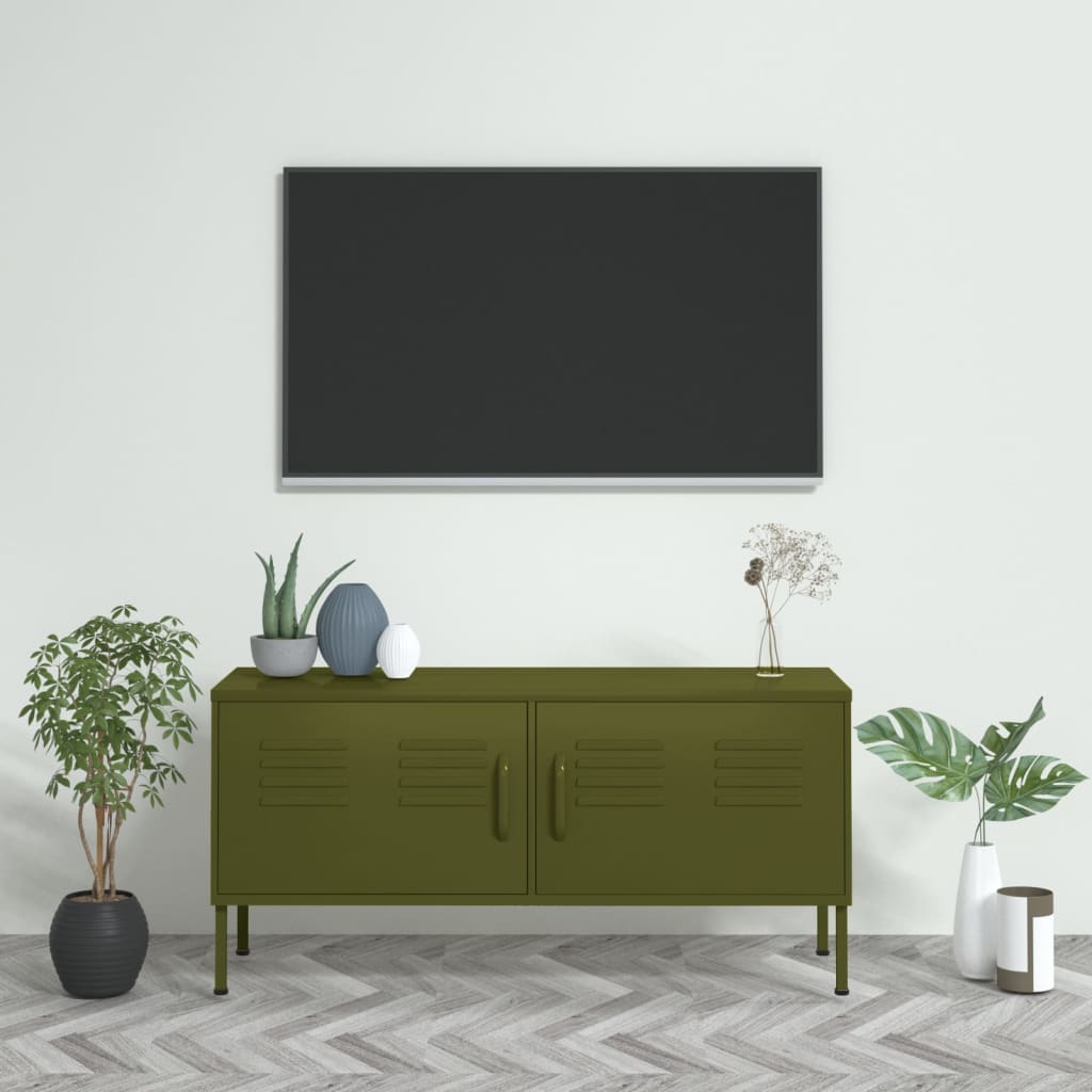Comodă TV, verde măsliniu, 105x35x50 cm, oțel - Lando