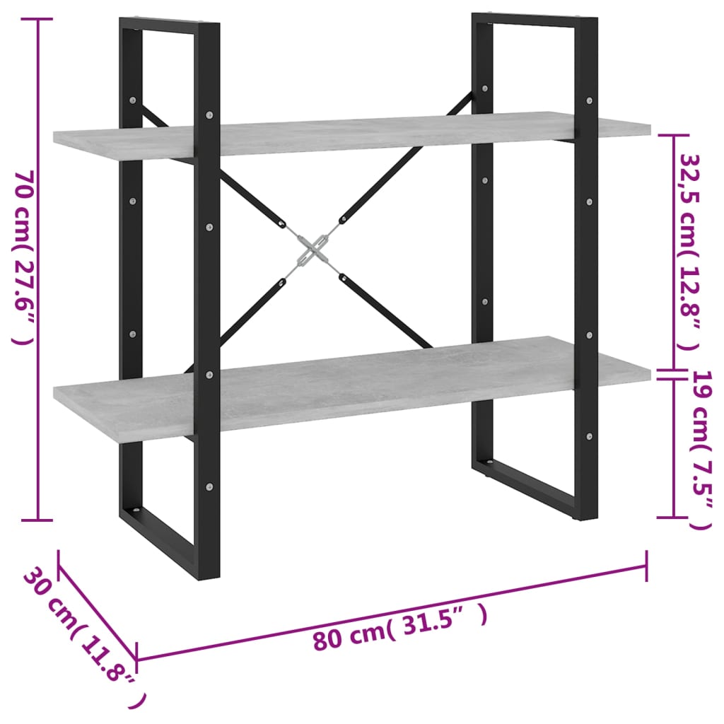 Bibliotecă cu 2 rafturi, gri beton, 80x30x70 cm, PAL Lando - Lando