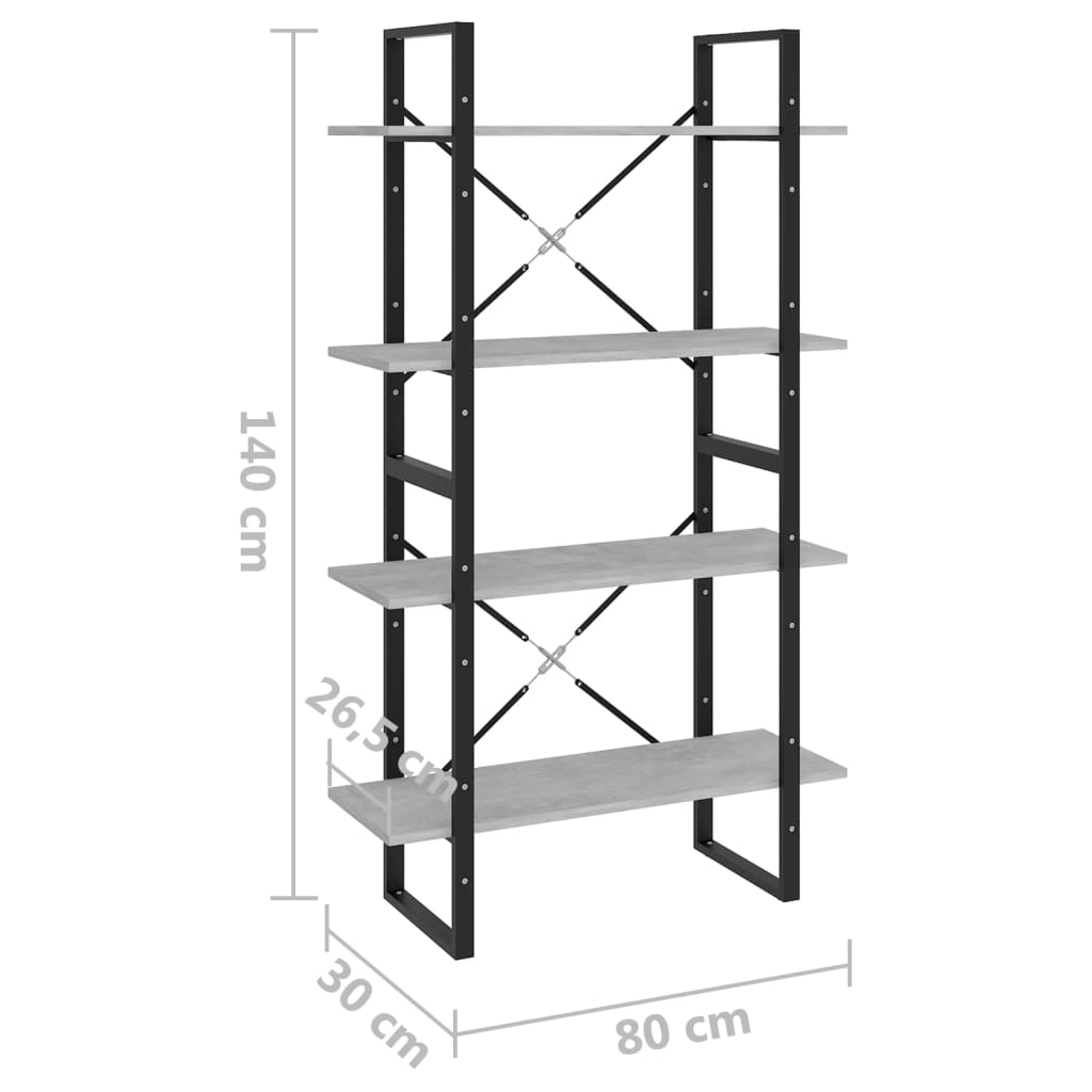 Bibliotecă cu 4 rafturi, gri beton, 80x30x140 cm, PAL Lando - Lando