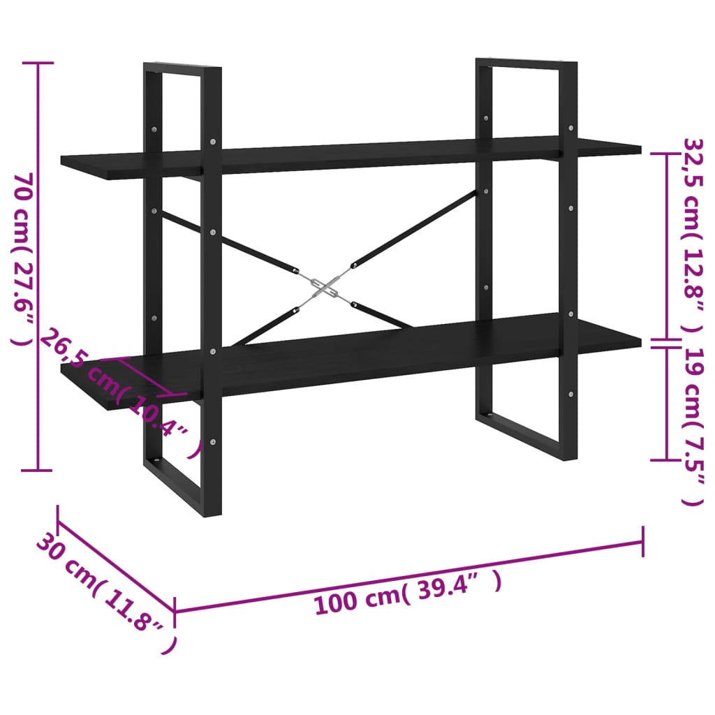 Bibliotecă cu 2 rafturi, 100x30x70 cm, negru, lemn masiv de pin Lando - Lando