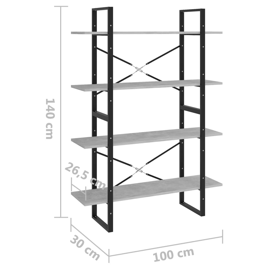 Bibliotecă, 4 rafturi, gri beton, 100x30x140cm, lemn prelucrat Lando - Lando