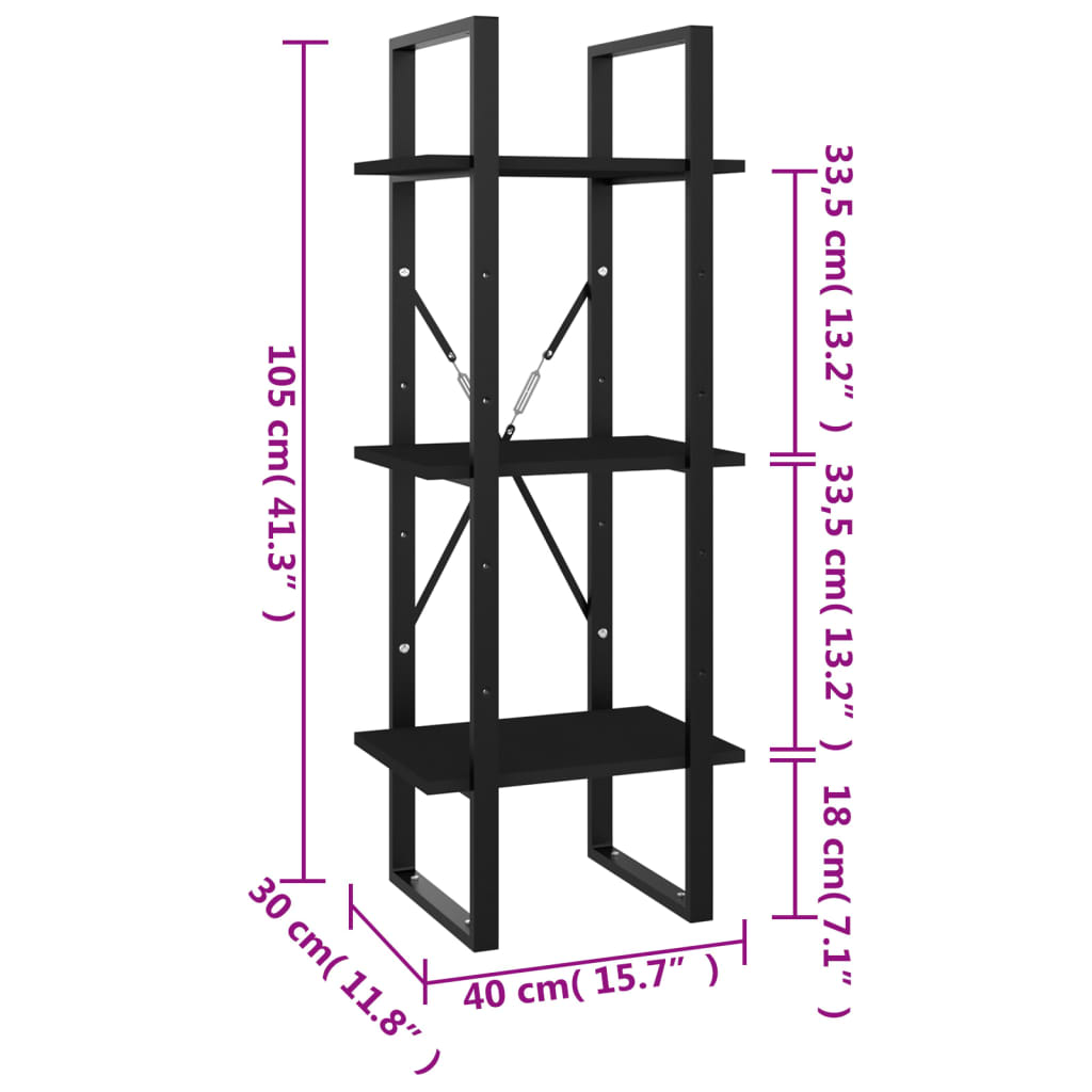 Bibliotecă cu 3 rafturi, negru, 40x30x105 cm, PAL Lando - Lando