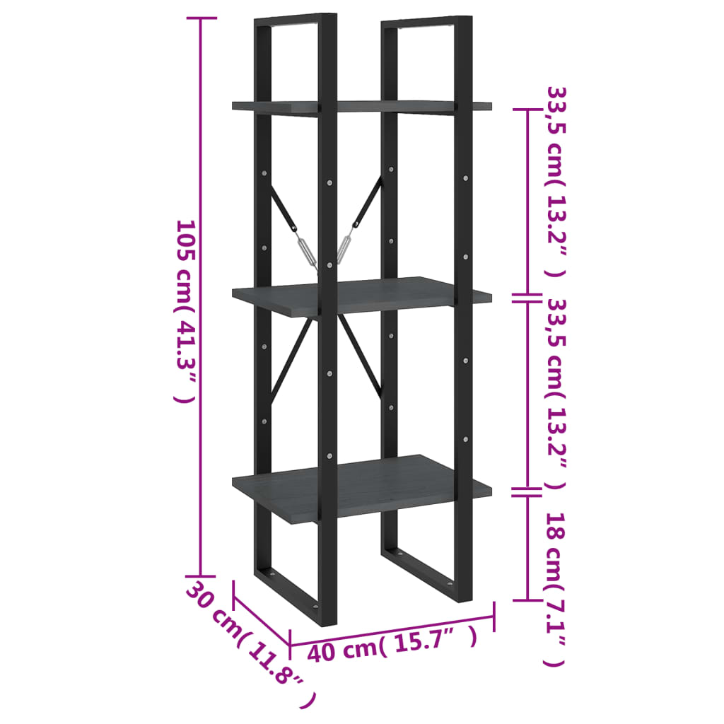 Bibliotecă cu 3 rafturi, gri, 40x30x105 cm, lemn masiv de pin Lando - Lando