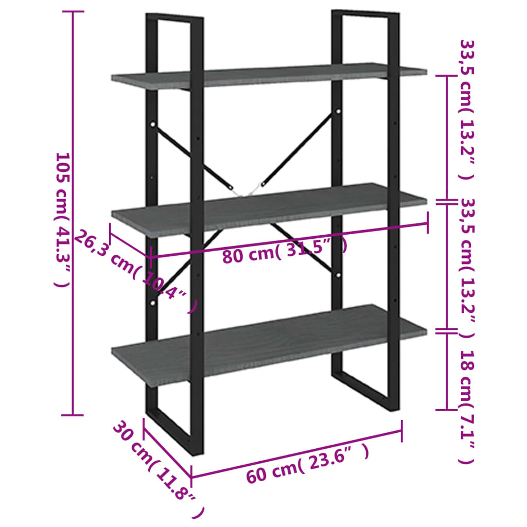 Bibliotecă cu 3 rafturi, gri, 80x30x105 cm, lemn masiv de pin Lando - Lando