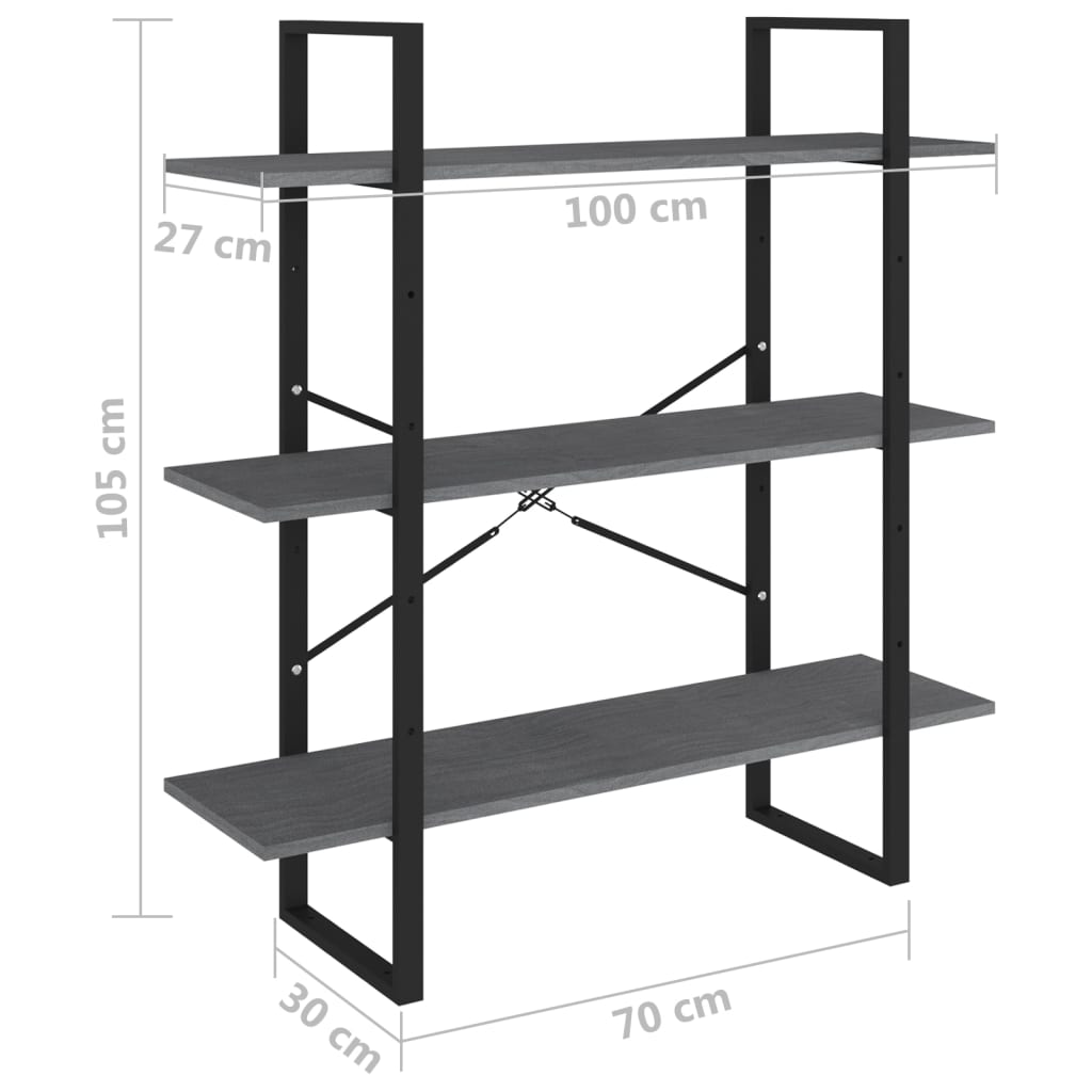 Bibliotecă cu 3 rafturi, gri, 100x30x105 cm, lemn masiv de pin Lando - Lando