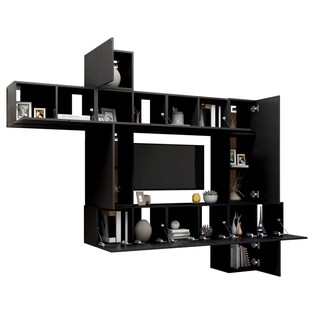Set dulapuri TV, 10 piese, negru, lemn prelucrat