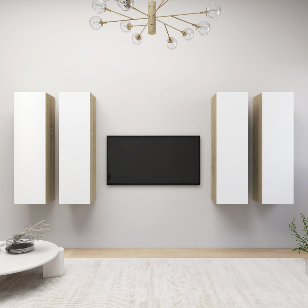 Dulap TV 4 buc alb/stejar Sonoma 30,5x30x110 cm, lemn prelucrat - Lando