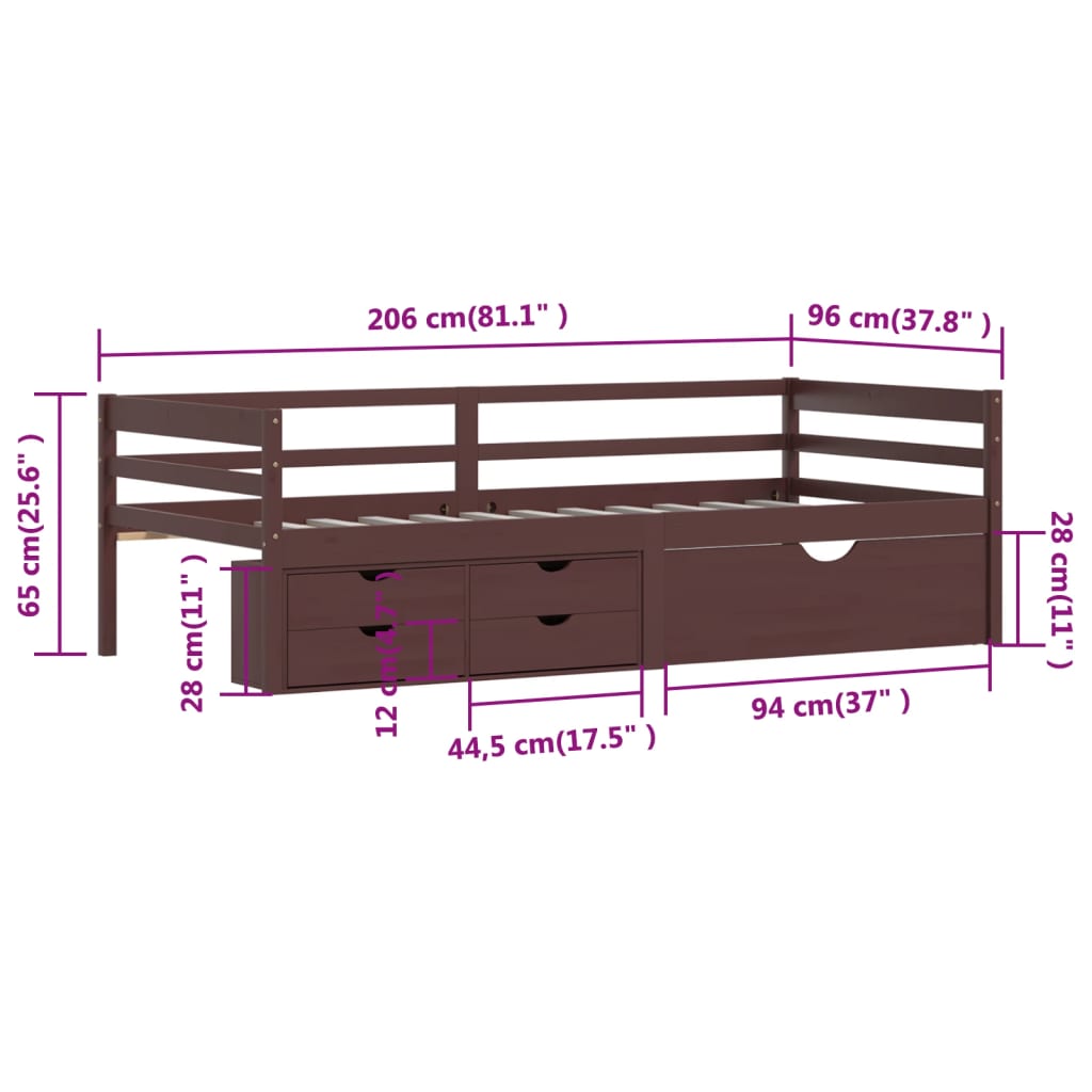 Cadru pat cu sertare & dulap maro închis, 90x200 cm lemn de pin - Lando