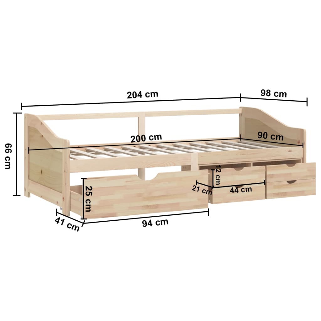 Pat de zi cu 3 locuri cu sertare, 90x200 cm, lemn masiv de pin - Lando