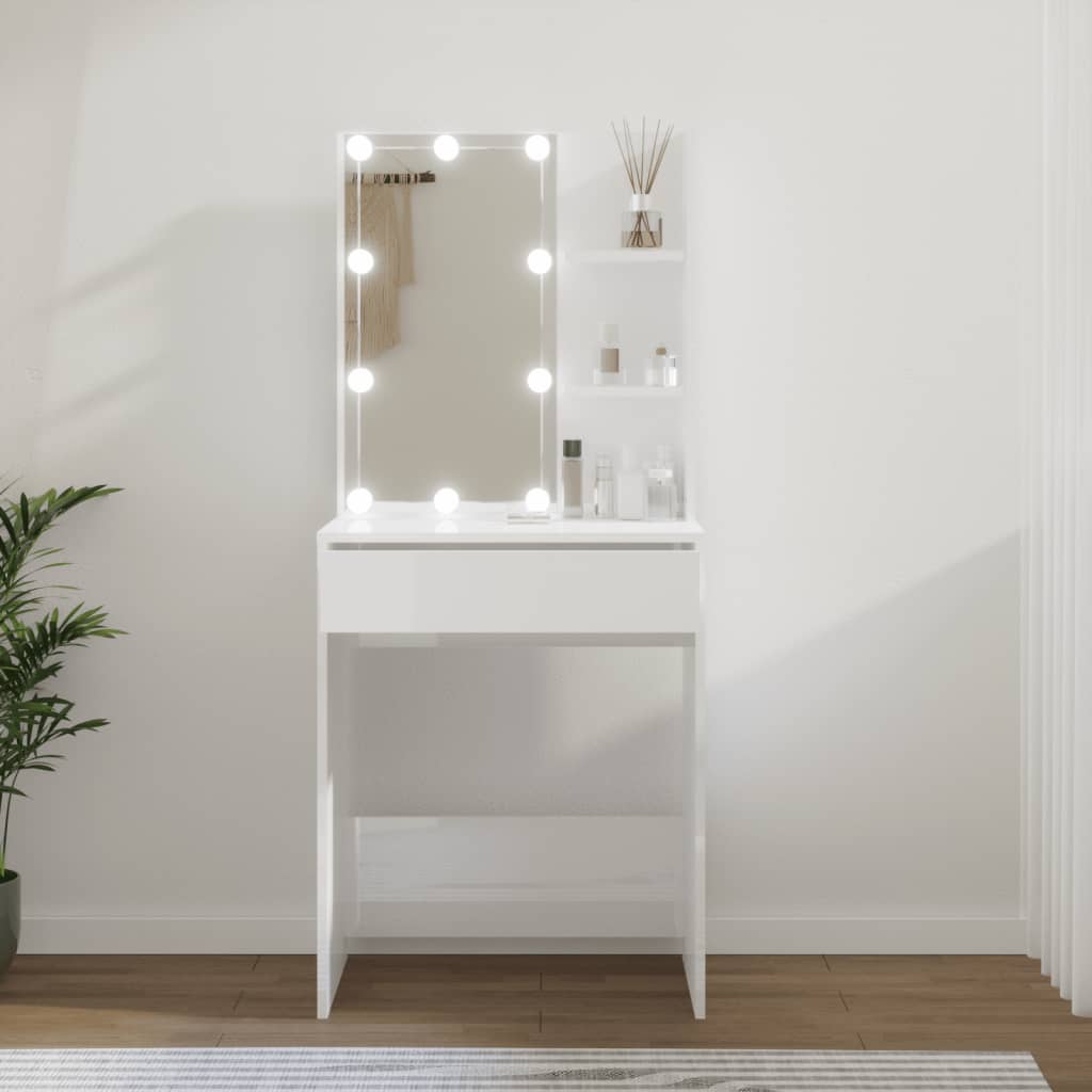 Masă de toaletă cu LED, alb extralucios, 60x40x140 cm - Lando