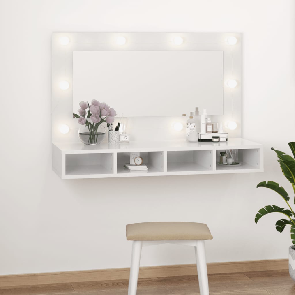 Dulap cu oglindă și LED, alb extralucios, 90x31,5x62 cm - Lando