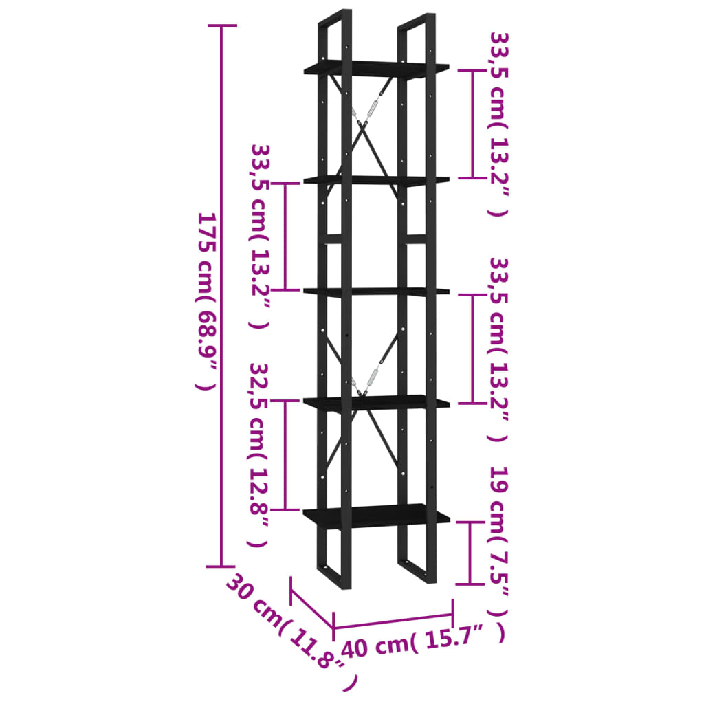 Bibliotecă cu 5 rafturi, negru, 40x30x175 cm, lemn de pin Lando - Lando