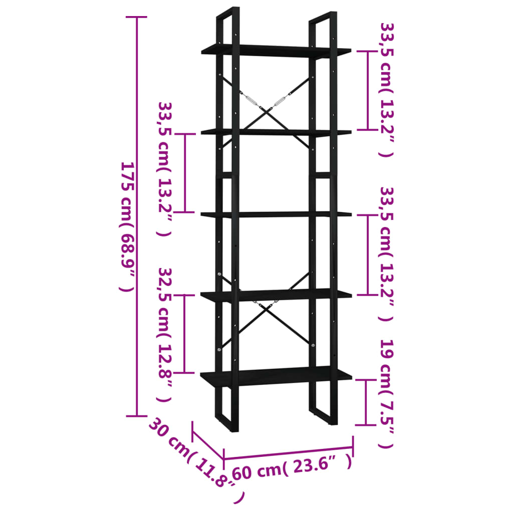 Bibliotecă cu 5 rafturi, negru, 60x30x175 cm, lemn de pin Lando - Lando