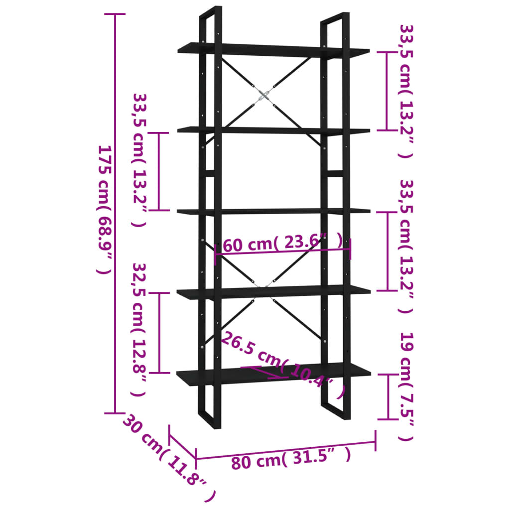 Bibliotecă cu 5 rafturi, negru, 80x30x175 cm, lemn prelucrat Lando - Lando