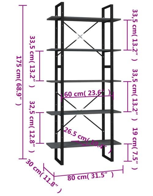 Загрузите изображение в средство просмотра галереи, Bibliotecă cu 5 rafturi, gri, 80x30x175 cm, lemn prelucrat Lando - Lando
