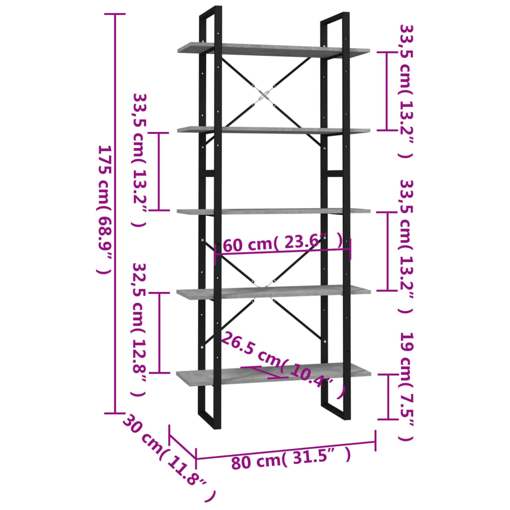 Bibliotecă 5 rafturi, gri beton, 80x30x175 cm, lemn prelucrat Lando - Lando