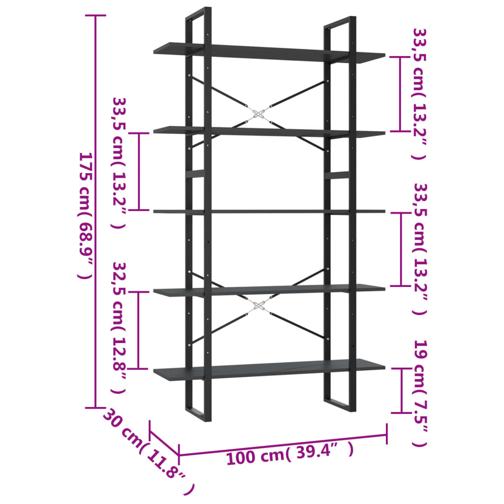 Bibliotecă cu 5 rafturi, gri, 100x30x175 cm, lemn prelucrat Lando - Lando