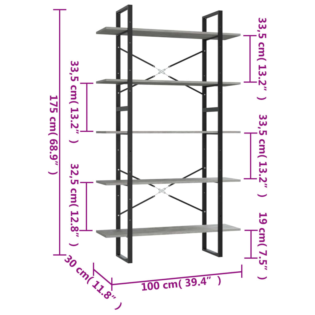 Bibliotecă 5 rafturi, gri beton, 100x30x175 cm, lemn prelucrat Lando - Lando