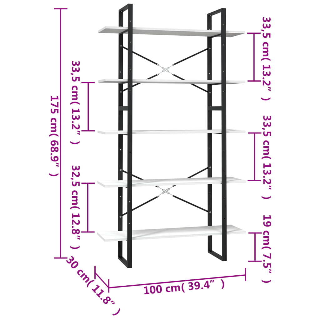 Bibliotecă cu 5 rafturi, alb, 100x30x175 cm, lemn masiv de pin Lando - Lando