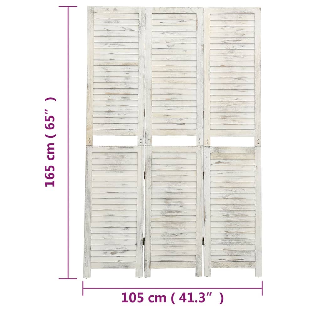 Paravan de cameră cu 3 panouri alb antichizat, 105x165 cm, lemn - Lando