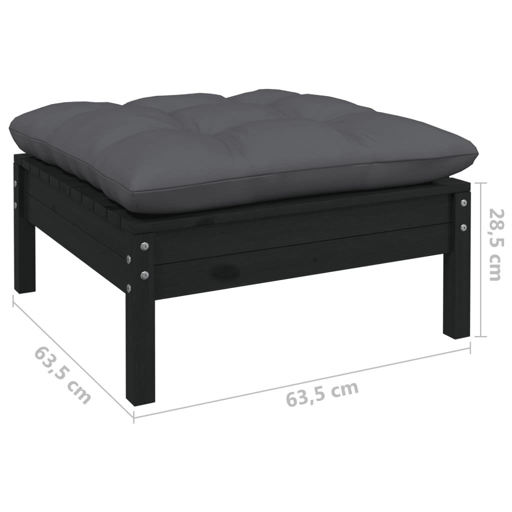 Set mobilier grădină cu perne, 3 piese, negru, lemn masiv pin - Lando