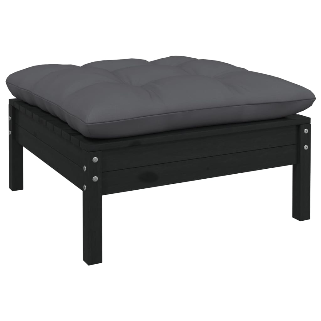 Set mobilier grădină cu perne, 3 piese, negru, lemn masiv pin - Lando