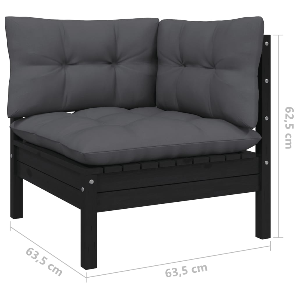 Set mobilier grădină cu perne, 3 piese, negru, lemn masiv pin - Lando