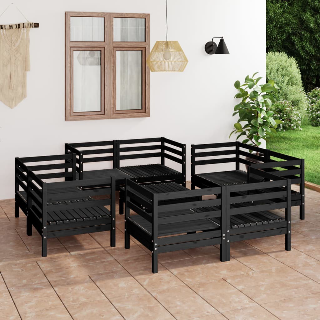 Set mobilier de grădină, 9 piese, negru, lemn masiv de pin - Lando