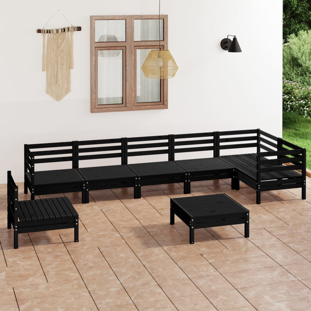 Set mobilier de grădină, 8 piese, negru, lemn masiv de pin - Lando