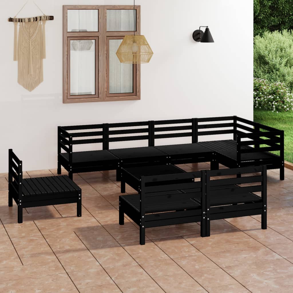 Set mobilier de grădină, 9 piese, negru, lemn masiv de pin - Lando