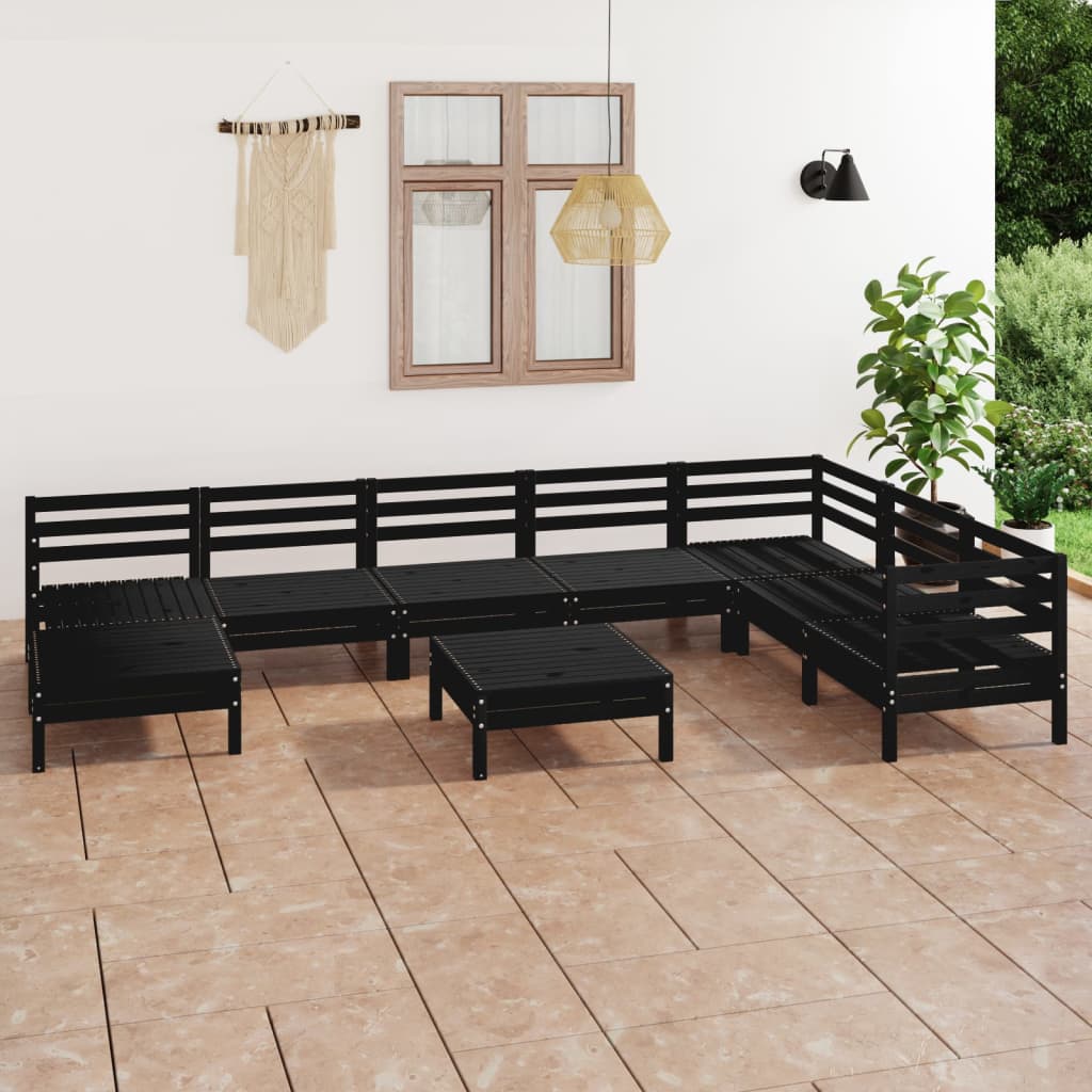 Set mobilier de grădină, 9 piese, negru, lemn masiv de pin - Lando