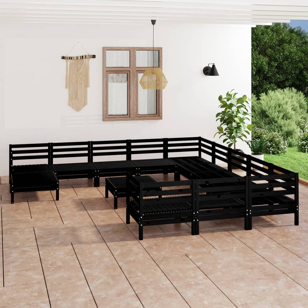Set mobilier de grădină, 13 piese, negru, lemn masiv de pin - Lando