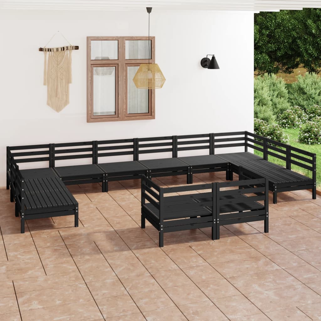 Set mobilier de grădină, 12 piese, negru, lemn masiv de pin - Lando