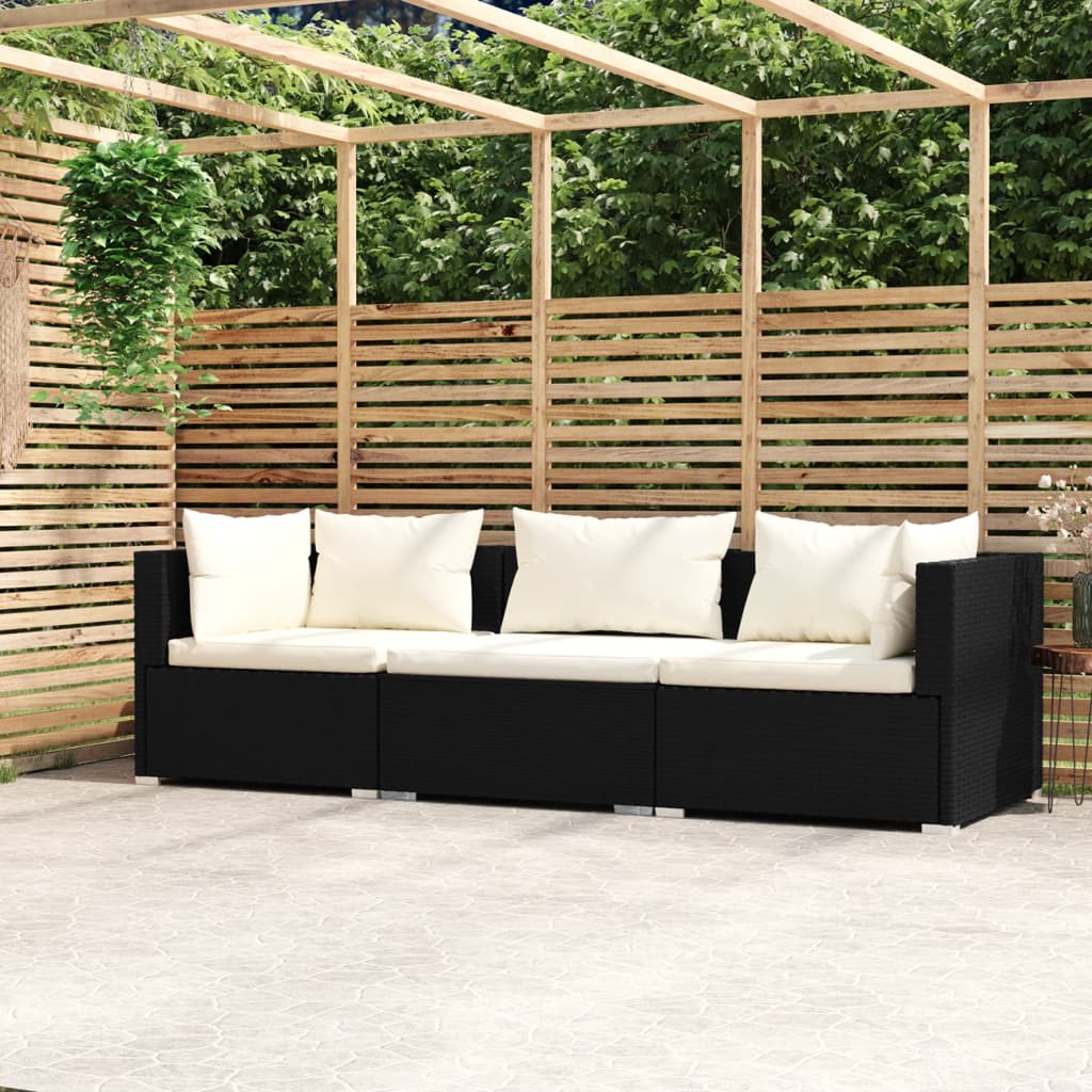 Canapea de grădină cu perne, 3 locuri, negru, poliratan - Lando