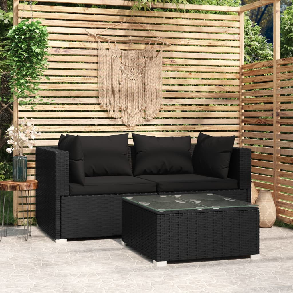 Set mobilier de grădină cu perne, 3 piese, negru, poliratan - Lando