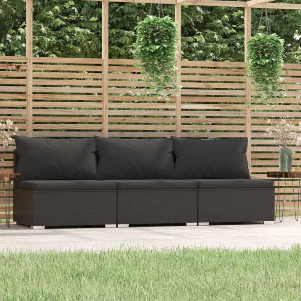 Canapea de grădină cu perne, 3 locuri, negru, poliratan - Lando