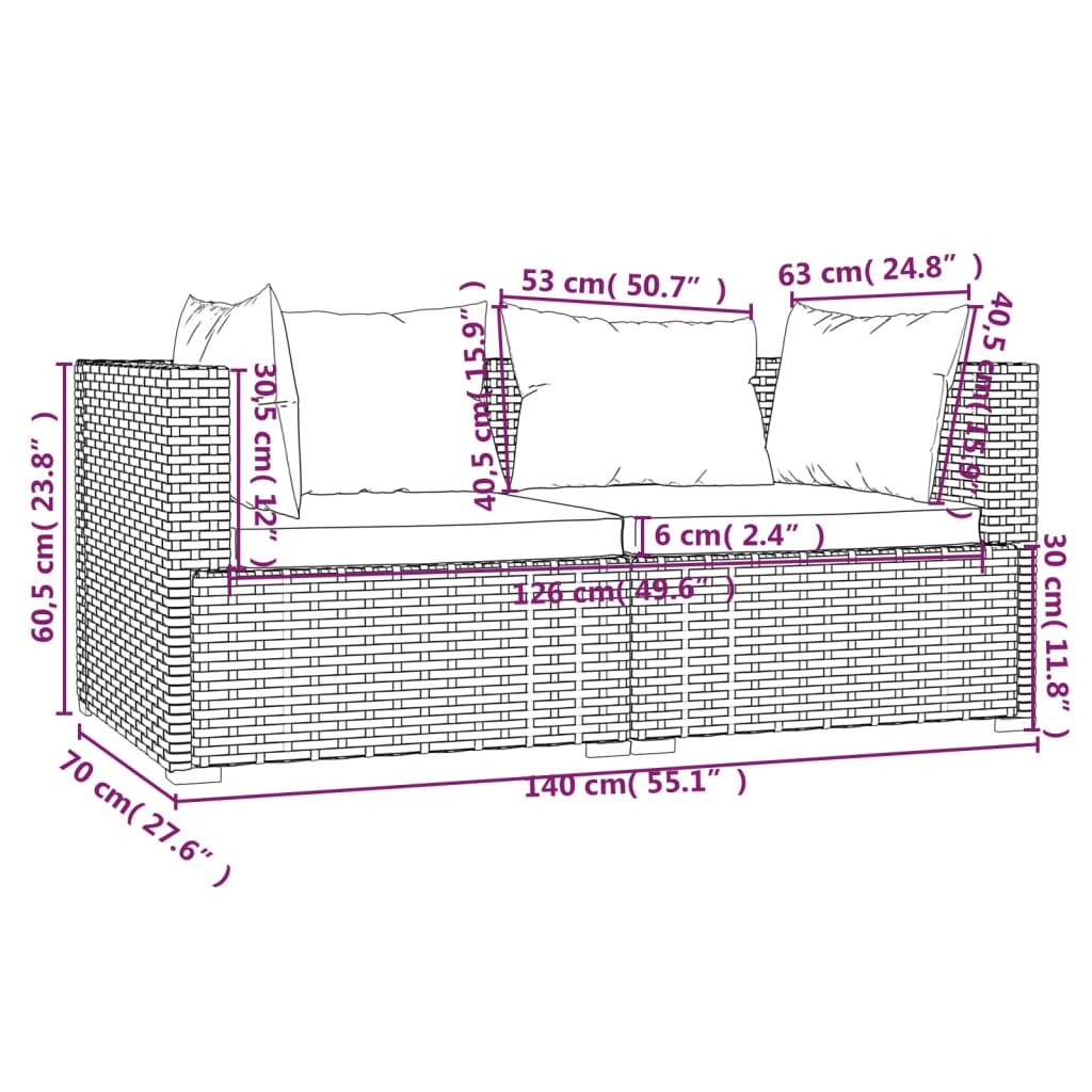 Set mobilier de grădină cu perne, 3 piese, maro, poliratan - Lando