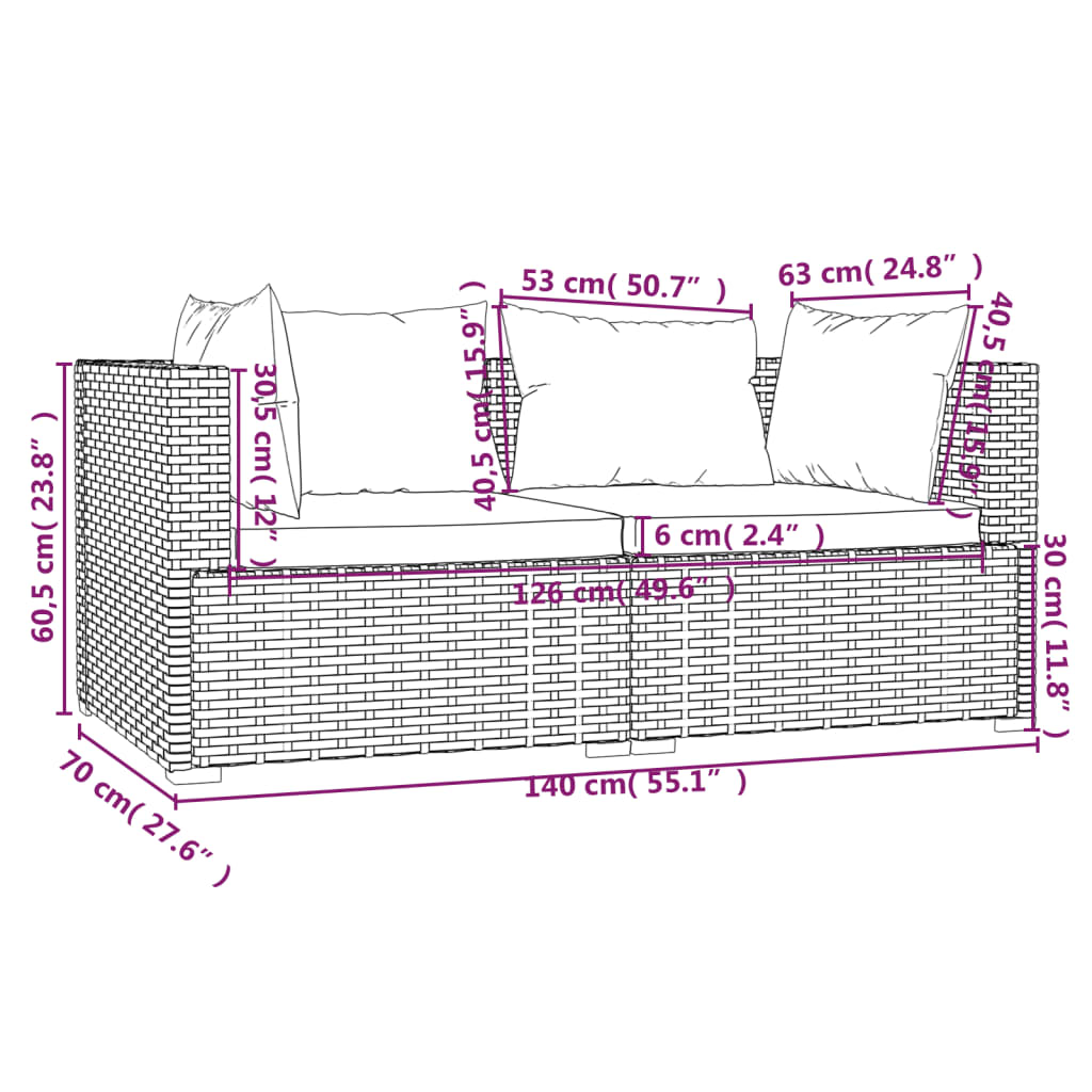 Set mobilier de grădină cu perne, 3 piese, maro, poliratan - Lando