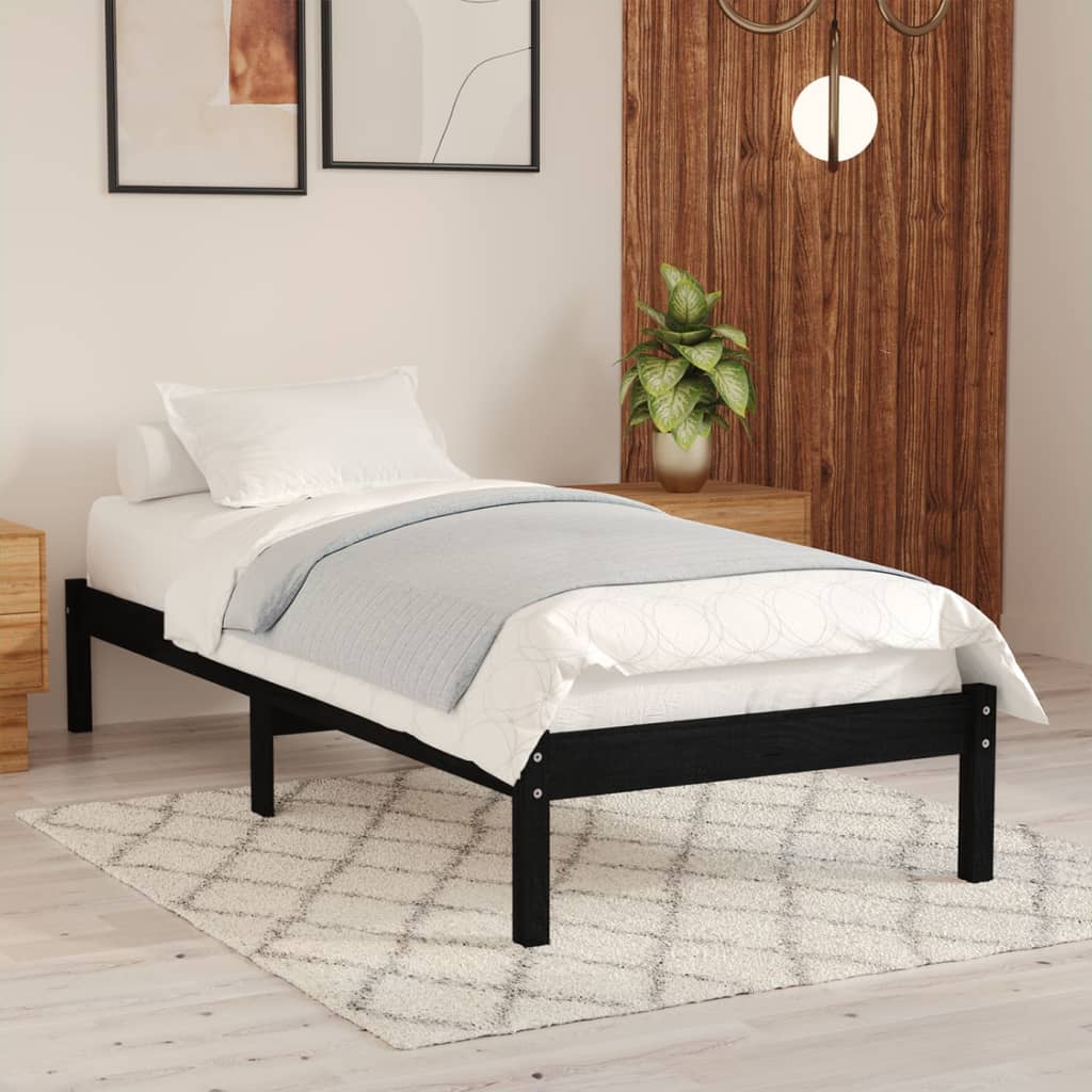 Cadru de pat mic single, negru, 75x190 cm, lemn masiv - Lando